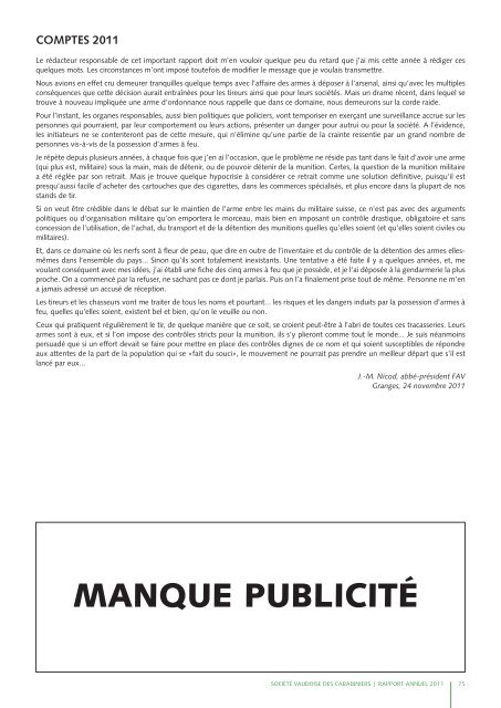 Rapport annuel 2011 - Les Tireurs Vaudois