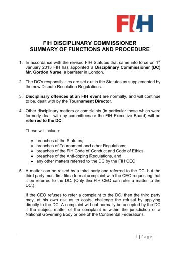 Summary of Functions of the Disciplinary Commissioner