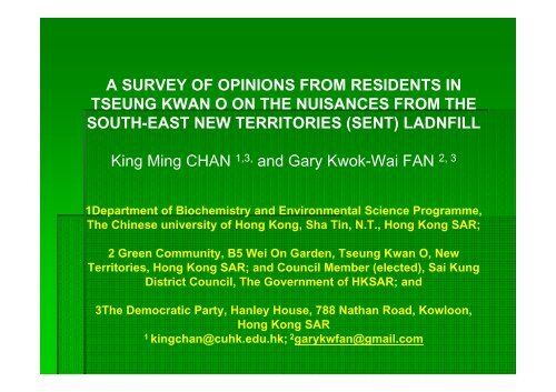 A SURVEY OF OPINIONS FROM RESIDENTS IN TSEUNG KWAN O ...