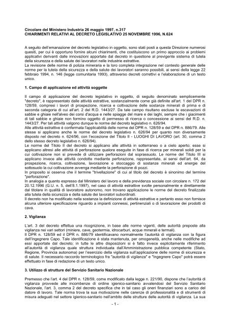 Circolare del Ministero Industria 26 maggio 1997, n. 317 - Minerario