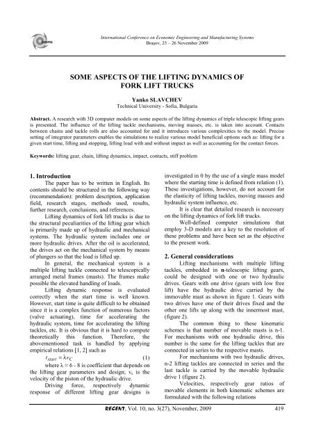 some aspects of the lifting dynamics of fork lift trucks - Recent Journal
