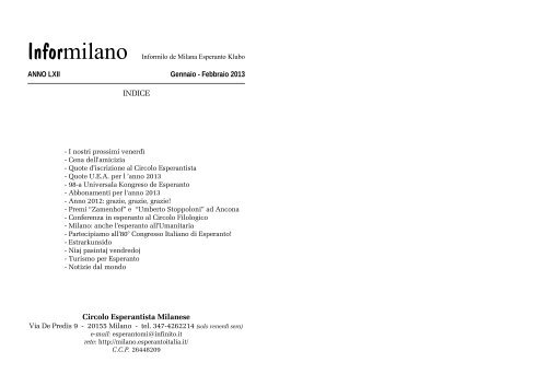 Informilano gennaio-febbraio 2013 - Circolo Esperantista Milanese