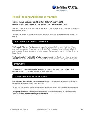 Pastel Training Additions to manuals - Sage Pastel