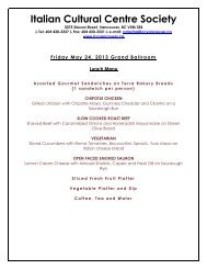 Italian Cultural Centre Menus for Friday Lunch and Dinner, Saturday ...