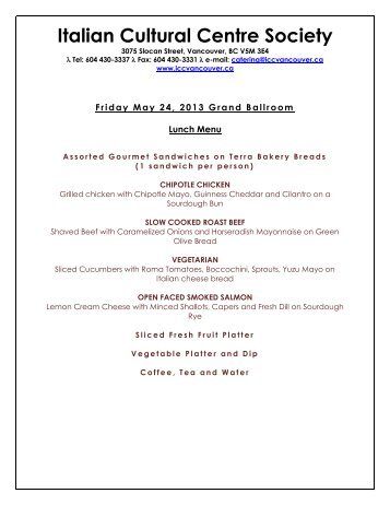 Italian Cultural Centre Menus for Friday Lunch and Dinner, Saturday ...