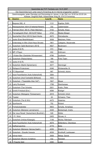 Gewinnliste Tombola 2007 (2) - beim FC Finnentrop