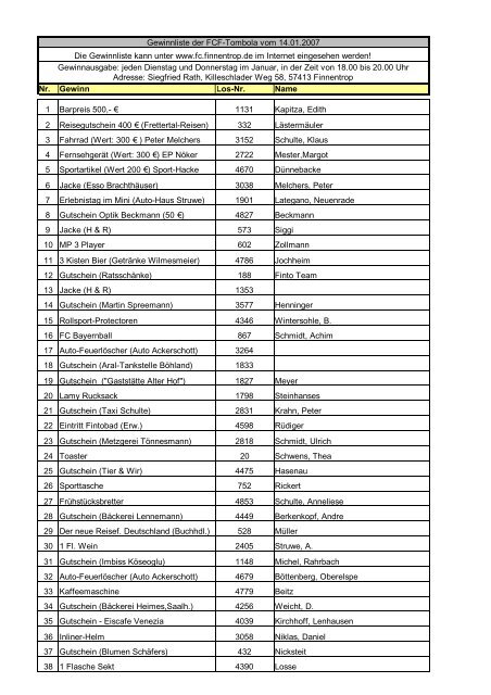 Gewinnliste Tombola 2007 (2) - beim FC Finnentrop