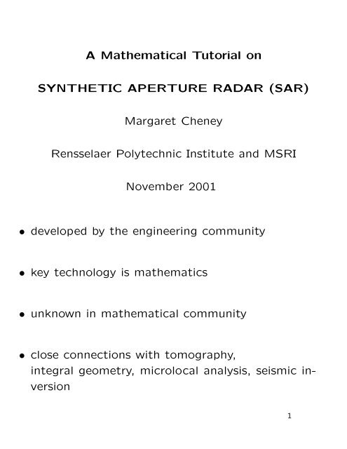 A Mathematical Tutorial on SYNTHETIC APERTURE RADAR (SAR ...