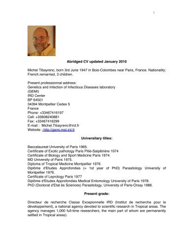 Abridged CV updated January 2010 Michel Tibayrenc, born ... - IRD