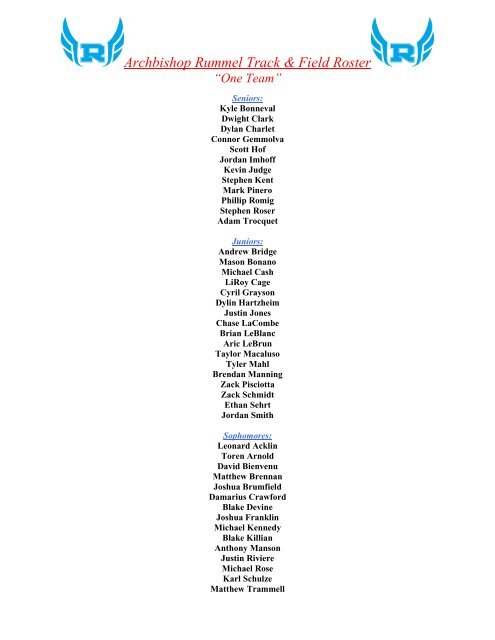 Archbishop Rummel Track & Field Roster âOne Teamâ