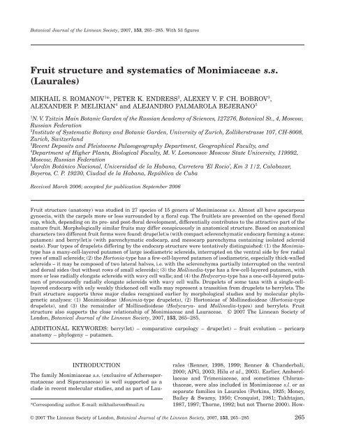 Fruit structure and systematics of Monimiaceae ss - Red de Bibliotecas