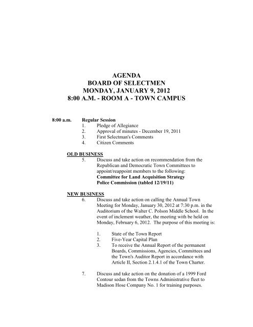 AGENDA BOARD OF SELECTMEN MONDAY, JANUARY 9, 2012 8 ...