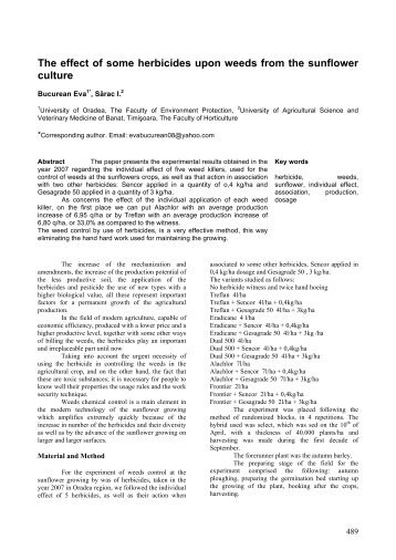 The effect of some herbicides upon weeds from the sunflower culture