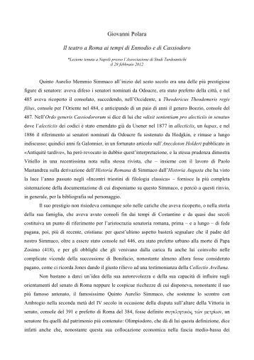 Giovanni Polara Il teatro a Roma ai tempi di Ennodio e di Cassiodoro