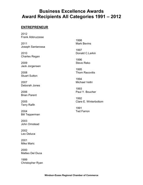 Business Excellence Awards Award Recipients All Categories 1991