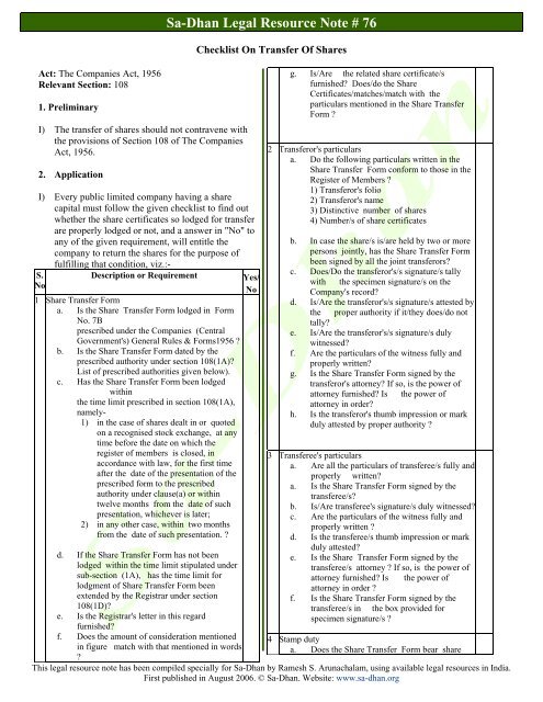 Checklist On Transfer Of Shares - Sa-Dhan