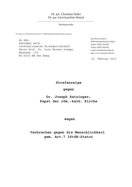 Strafanzeige Gegen Dr Joseph Ratzinger Papst Der Ra Misch