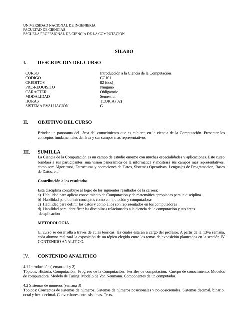 sílabo i. descripcion del curso ii. objetivo del curso iii. sumilla iv ...