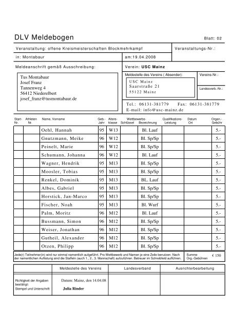 DLV Meldebogen - USC Mainz