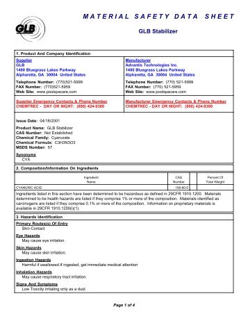 MSDS GLB Stabilizer - Pool Water Products