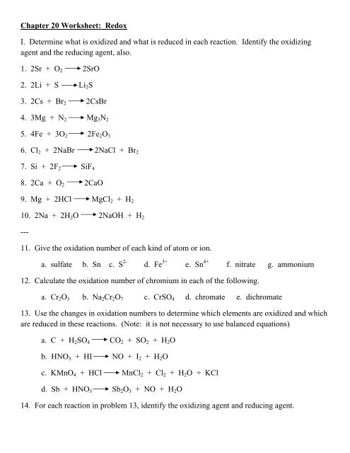 Chapter 20 Worksheet Redox