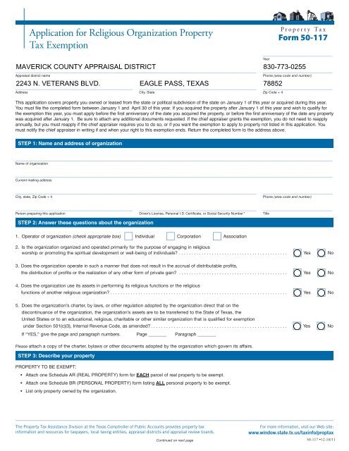 Application for Religious Organization Property Tax Exemption 50-117