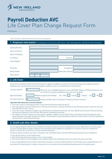 Payroll Deduction AVC Life Cover Plan Change Request Form