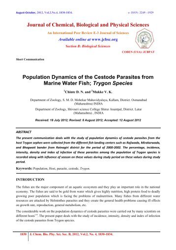 Population Dynamics of the Cestode Parasites from Marine Water ...