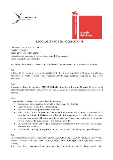 REGOLAMENTO PER I COREOGRAFI - La Biennale di Venezia