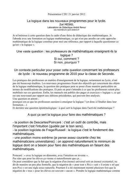 La logique dans les nouveaux programmes pour le lycÃ©e. Une vaste ...