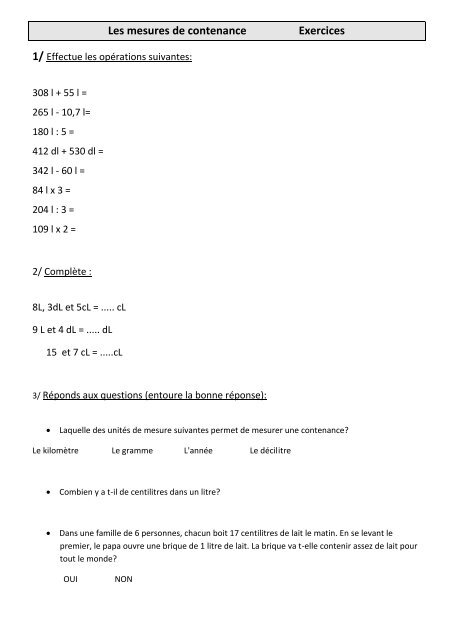 Les mesures de contenance Exercices - Pass Education