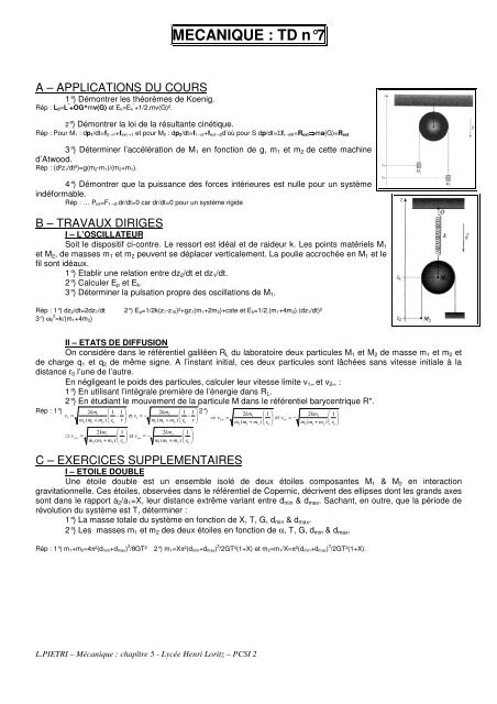 MECANIQUE : TD nÂ°7 - Les CPGE de Loritz