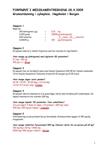 Sykepleie Fasit Medikamentregning 280409 - HÃ¸gskolen i Bergen