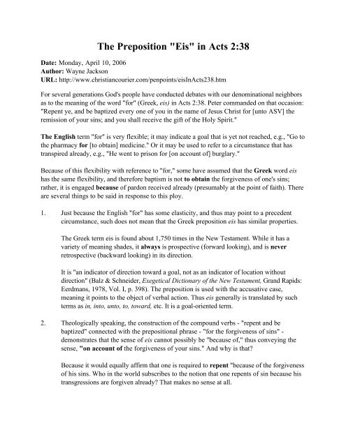 The Preposition &quot;Eis&quot; in Acts 2:38 - Northside Church of Christ