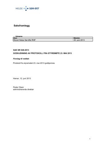 Godkjenning av protokoll 23. mai 2013 - Helse SÃ¸r-Ãst