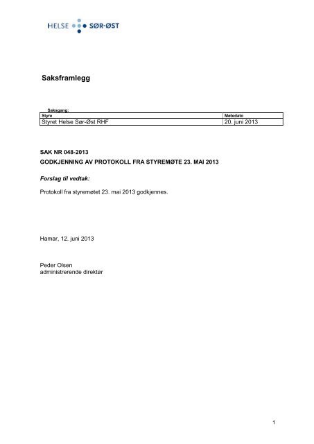 Godkjenning av protokoll 23. mai 2013 - Helse SÃ¸r-Ãst