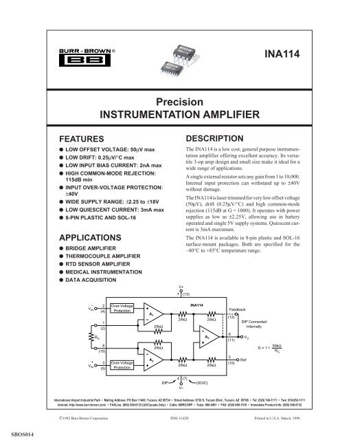 INA114 Precision INSTRUMENTATION AMPLIFIER