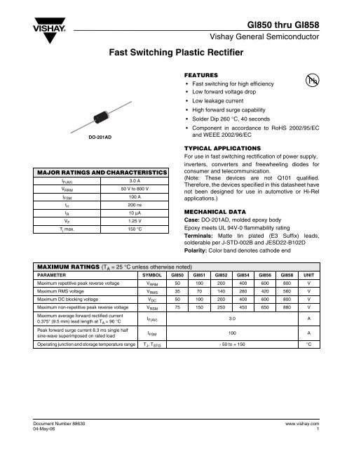 GI850 thru GI858 Fast Switching Plastic Rectifier