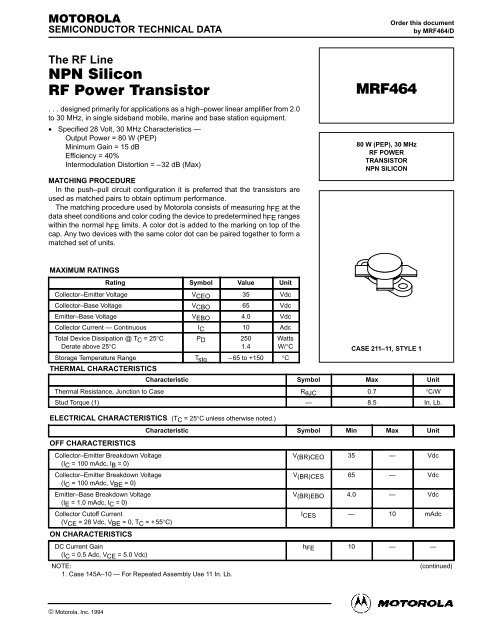 NPN Silicon RF Power Transistor MRF464