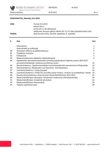 Kokouksen esityslista - Keski-Suomen liitto