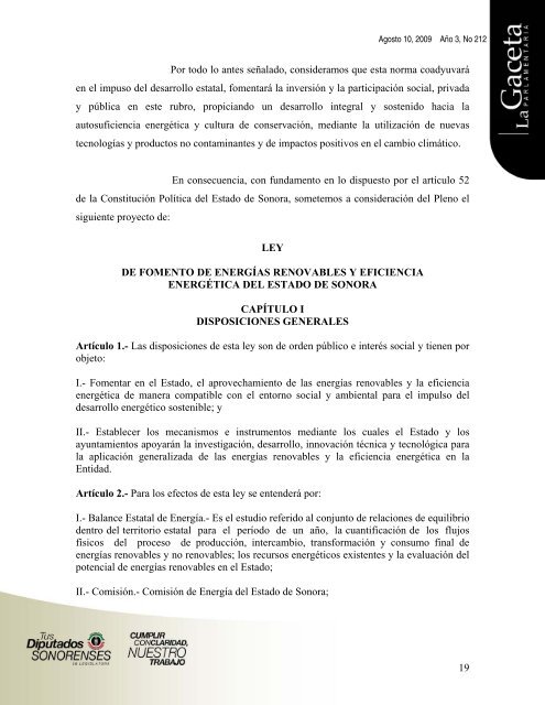 Gaceta AÃ±o 3, No 212 - H. Congreso del Estado de Sonora