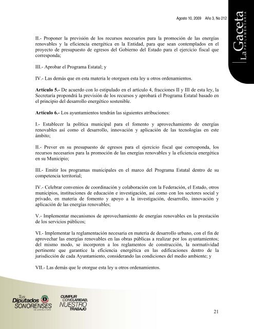 Gaceta AÃ±o 3, No 212 - H. Congreso del Estado de Sonora