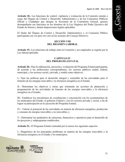 Gaceta AÃ±o 3, No 212 - H. Congreso del Estado de Sonora