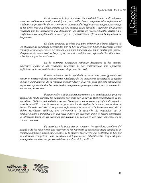 Gaceta AÃ±o 3, No 212 - H. Congreso del Estado de Sonora