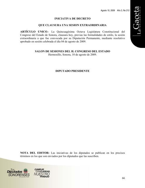 Gaceta AÃ±o 3, No 212 - H. Congreso del Estado de Sonora