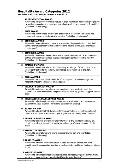 Hospitality Award Categories 2012