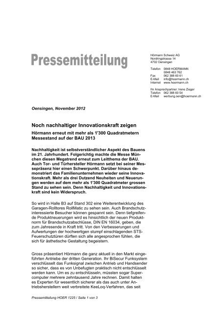 Voransicht vollstÃ¤ndiger Pressetext - Hoermann.ch