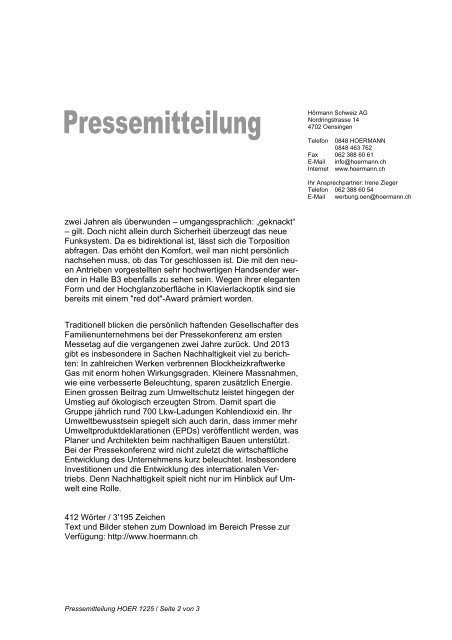 Voransicht vollstÃ¤ndiger Pressetext - Hoermann.ch