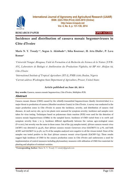 Incidence and distribution of cassava mosaic begomoviruses in Côte d’Ivoire