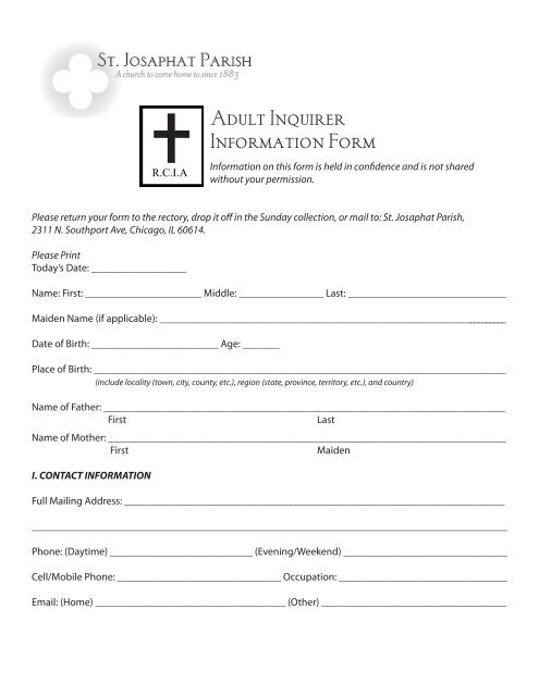 St. Josaphat Parish RCIA Adult Inquiry Form